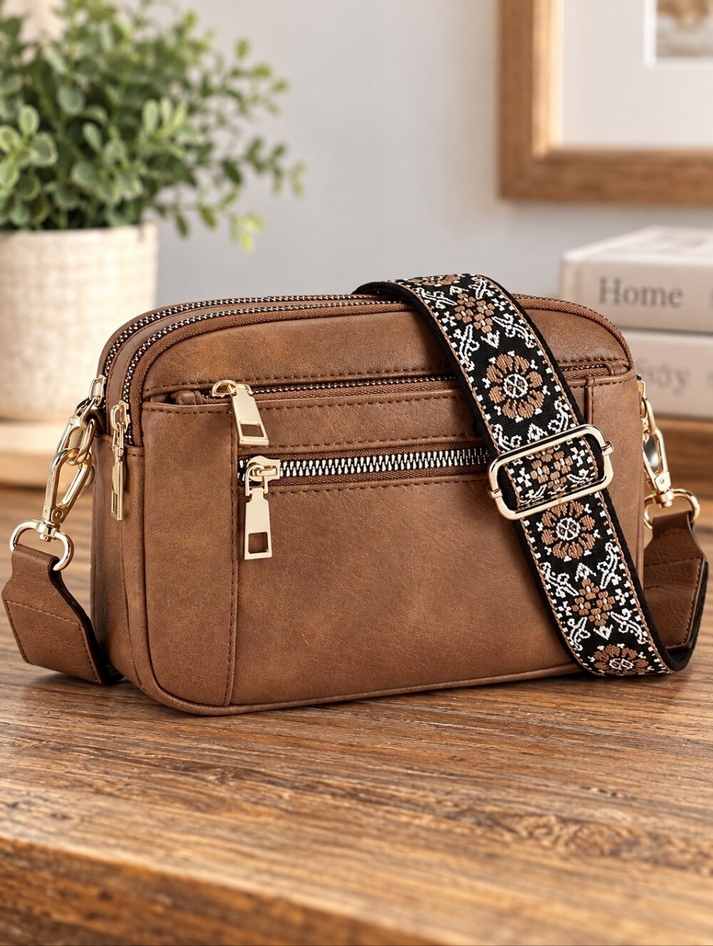 Brown Crossbody Bag Floral Strap Multi Pocket Adjustable Boho Purse #9